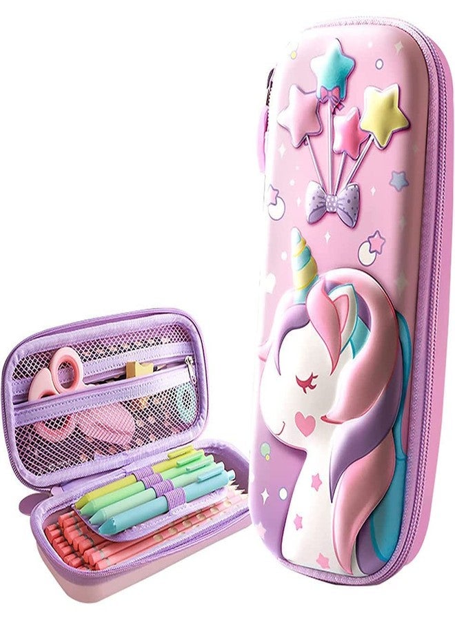 PEACORA 3D Unicorn Large Capacity Pencil Case Compass with Compartments, School Supply Organizer for Students, Stationery Box Cosmetic Zip Pouch Bag (Half Unicorn Star Pouch Small (Pink)) - Image 2
